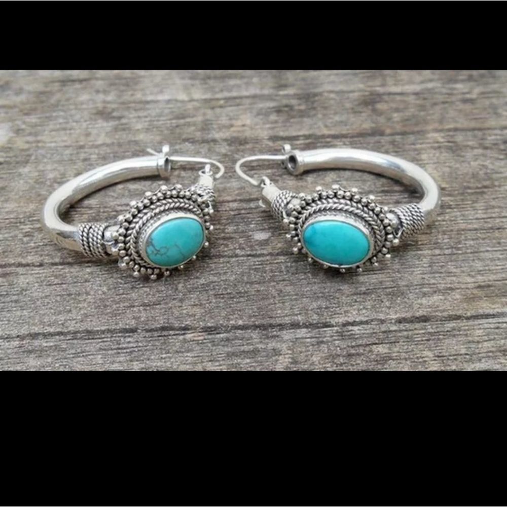 Tibetian silver and turquoise boho small hoop earrings new